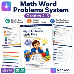 以下が含まれることがあります： 小学2年生から5年生向けの数学文章題システム、72ページの印刷可能なPDF。SOLVEメソッドを採用。表紙には、学用品を置いて机で勉強する子供のイラスト、電球のアイコン、Nohkooのロゴとテキストが記載されています。