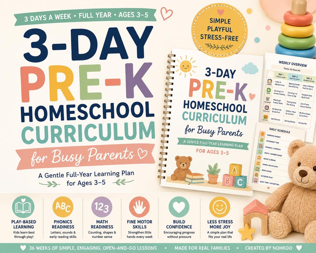 3-day Pre-k Homeschool Curriculum | Full Year Ages 3-5 (digital