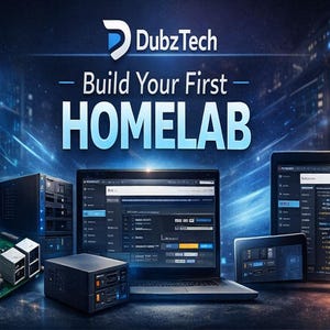 May include: An image promoting DubzTech and the concept of building a HomeLab. It features a laptop, tablet, and other computer components, including a server and a circuit board. The text "Build Your First HOMELAB" is prominently displayed.