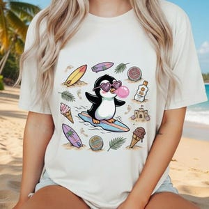 Surfing Penguin Bubble Gum Comfort Colors Shirt, Cute Summer Beach Tee, Tropical Aesthetic Penguin T-shirt, Beach Vibes Graphic Unisex Top