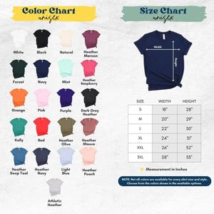 May include: A color chart displaying twenty-one t-shirt color options including white, black, and various heather shades. A size chart shows a navy blue t-shirt with width and height arrows and a table listing measurements in inches from S to 3XL.