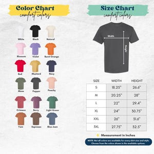 May include: A color chart displaying eighteen t-shirt shades including white, black, natural, blossom, violet, burnt orange, red, mustard, navy, moss, pepper, peachy, crimson, berry, light green, yam, espresso, and blue jean, with a size chart in inches.