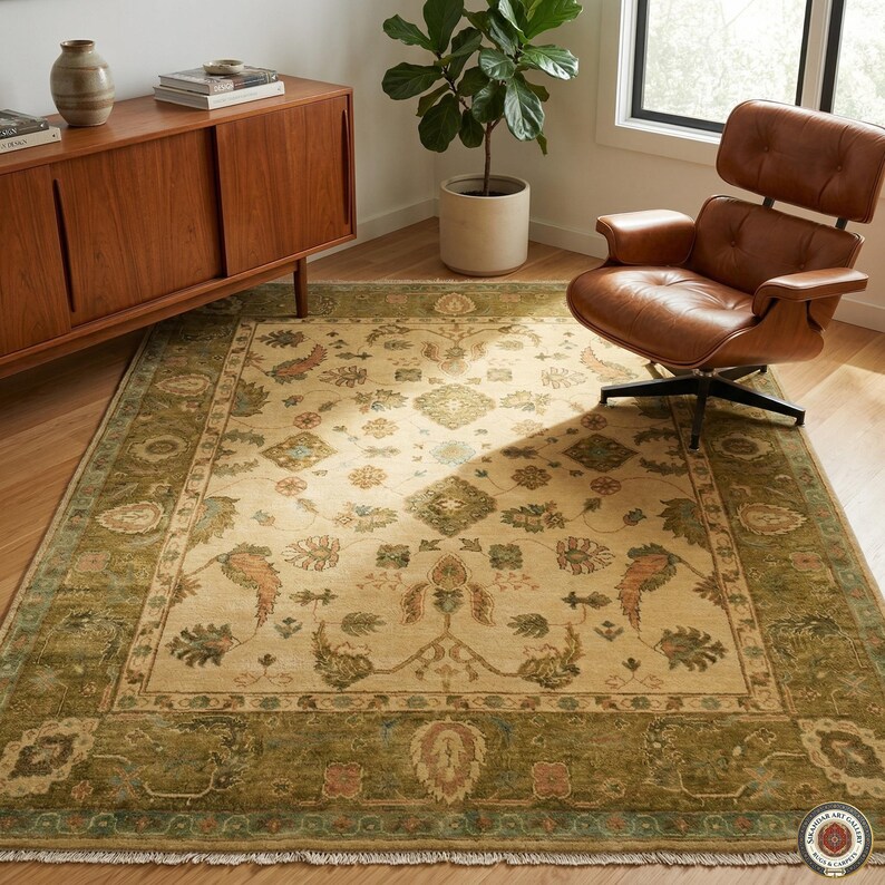 Antique Style Oushak Rug Hand Knotted Wool, Sage Green Gold Area Rug ...