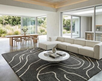 Organic Modern Rug, Japandi Area Carpet, Dark Grey Wavy Line Mat, Hand Tufted Wool, Minimalist Floor Decor, Abstract Fluid Geometric Rug