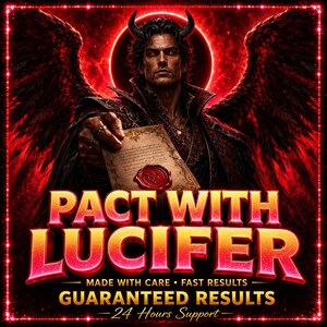 Pode incluir: Uma ilustração digital de uma figura sombria com chifres e asas segurando um documento de pergaminho com um selo de cera vermelha. O texto diz PACT WITH LUCIFER, MADE WITH CARE, FAST RESULTS, GUARANTEED RESULTS e 24 Hours Support.
