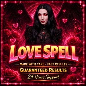 Könnte beinhalten: Eine digitale Grafik mit einer dunkelhaarigen Figur mit leuchtend roten Augen, umgeben von roten Rosen und schwebenden Herzen. Der Text lautet LOVE SPELL, MADE WITH CARE • FAST RESULTS, GUARANTEED RESULTS und 24 Hours Support in Rot- und Goldtönen.