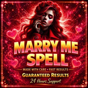May include: A digital graphic featuring a person with long red hair and a rose crown, surrounded by glowing red hearts and light effects. The text reads MARRY ME SPELL, MADE WITH CARE, FAST RESULTS, GUARANTEED RESULTS, and 24 Hours Support.