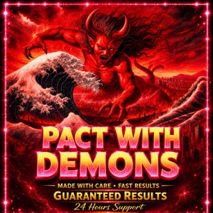 Op de afbeelding: Een digitale illustratie met een rode gehoornde demon die uit een grote oceaangolf boven een stadssilhouet tevoorschijn komt. De tekst luidt PACT WITH DEMONS, MADE WITH CARE, FAST RESULTS, GUARANTEED RESULTS en 24 Hours Support in gele en rode letters.