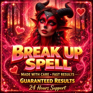 Könnte beinhalten: Eine digitale Grafik mit einer rot häutigen Dämonenfigur mit Hörnern und spitzen Ohren, umgeben von leuchtenden Herzen und Funken. Der Text lautet: BREAK UP SPELL, MADE WITH CARE, FAST RESULTS, GUARANTEED RESULTS und 24 Hours Support.