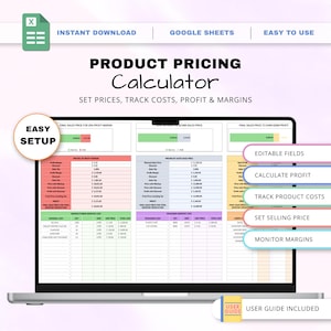 May include: A digital product pricing calculator displayed on a laptop screen, featuring tables for tracking costs, profit, and margins. The interface includes sections for manufacturing costs, packaging, and sales price, with text labels like Easy Setup and User Guide.