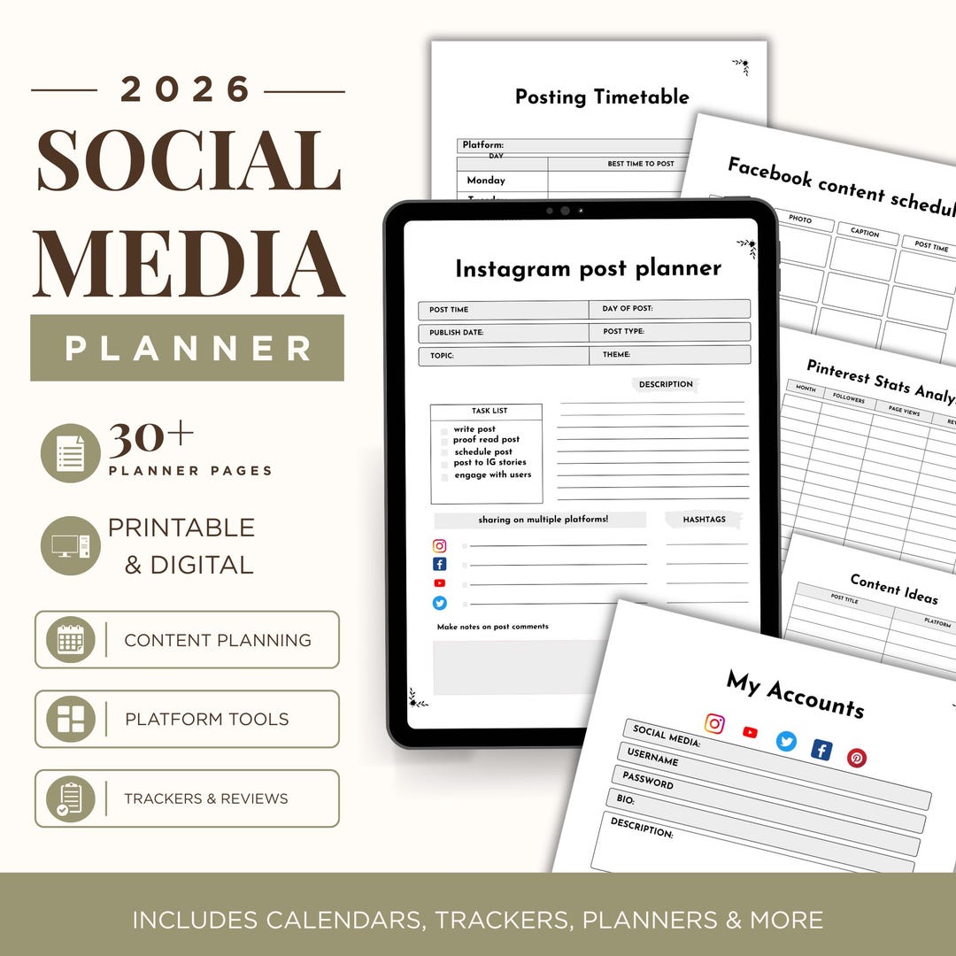 Social Media Planner 2026 Printable PDF, Content Calendar, Multi ...