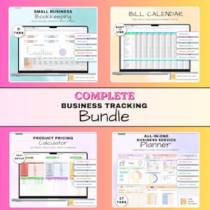 Op de afbeelding: Een compleet zakelijk trackingpakket met vier digitale spreadsheet-sjablonen op laptopschermen: boekhouding, factuurkalender, prijscalculator en serviceplanner, inclusief diverse tabbladen en gegevensvelden voor zakelijk beheer.