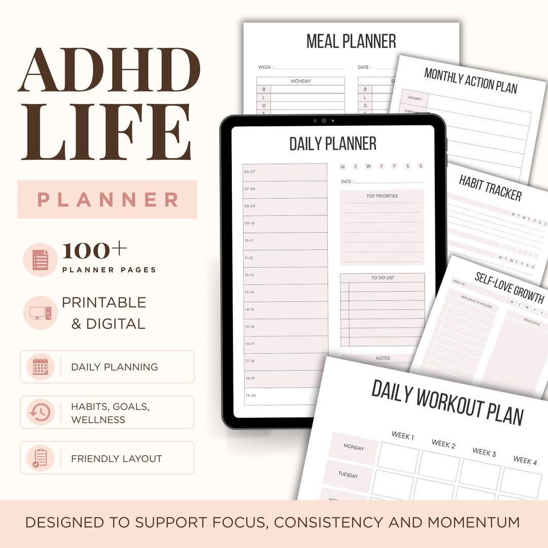 ADHD Life Planner Printable PDF for Adults, Daily Weekly Monthly, Self ...