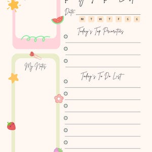 Op de afbeelding: Een afdrukbare 'Daily To Do List' planner met een lichtbeige achtergrond. De planner bevat secties voor affirmaties, notities, topprioriteiten en een takenlijst. Decoratieve elementen zijn fruit- en bloemillustraties.