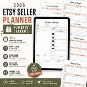 Op de afbeelding: Een digitale Etsy-verkoopplanner voor 2026, met meer dan 70 pagina's om je shop te organiseren. Inclusief printbare en digitale formaten voor bedrijfsplanning, financiële tracking en marketing. Ontworpen om je Etsy shop te laten groeien.