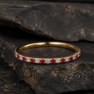 Ruby Diamond Wedding Band, Thin Stacking Ring, July Birthstone Band Dainty Eternity Ring, Minimalist Anniversary Gift, Birthday Gift for Her
