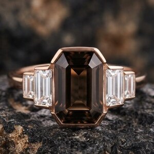 Smoky Quartz Ring, Emerald Cut Ring, Five Stone Ring, Solid Gold Engagement Ring, Smoky Wedding Ring, Modern Art-deco Jewelry,  Unisex Gift