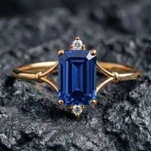 Engagement Ring, Blue Sapphire Gold Ring, Emerald Cut Ring, Split Shank Promise Ring, Art-deco Wedding Anniversary Ring, Jewelry For Women's