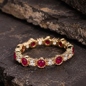 Ruby Eternity Band Ring, Alternating Ruby Diamond Wedding Band, July Birthstone Ring, Stackable Anniversary Ring Gift for Her,