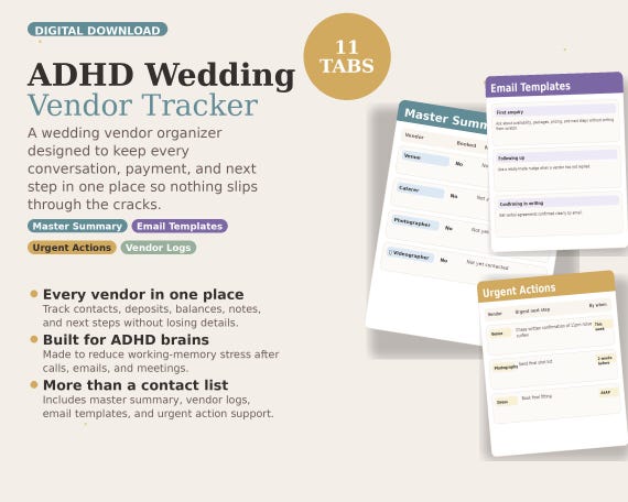ADHD Wedding Vendor Tracker Spreadsheet | Vendor Organizer with Email Templates | Excel & Google Sheets