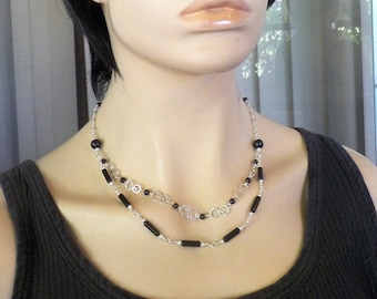 Black and Silver Double Strand Necklace - Multi strand sterling silver necklace with black obsidian beads