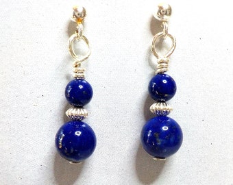 Small blue and silver earrings with lapis lazuli beads and sterling silver