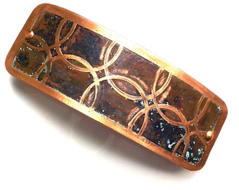 Circles Medium Etched Copper Hair Barrette. Hand etched artisan metal barrette with interlaced circles design