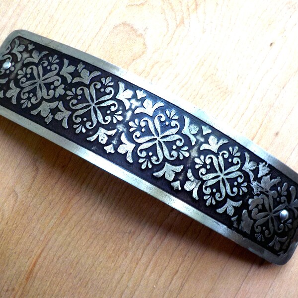 XL Silver and Black Hair Barrette. Hand etched extra large artisan metal barrette with intricate pattern on antiqued silver.