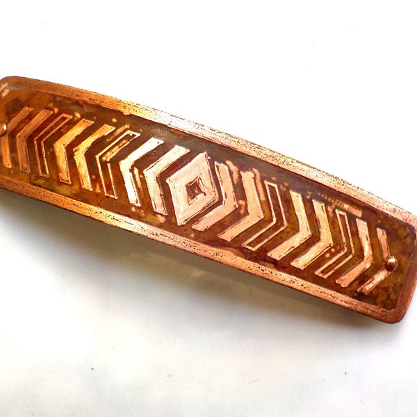 Arrow XL Etched Copper Hair Barrette.  Extra large hand etched artisan metal barrette with geometric design.