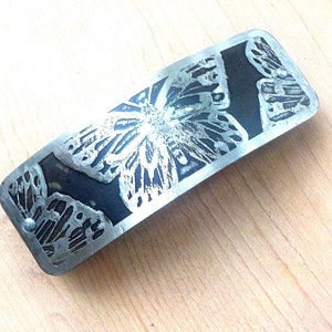Medium Silver Hair Barrette. Hand etched artisan metal hair barrette with starburst design in antiqued silver.