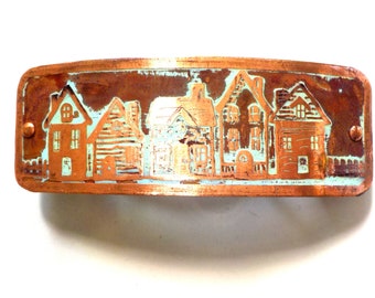 Neighborhood Medium Copper Hair Barrette. Hand etched artisan metal barrette with a design of houses on antiqued copper.