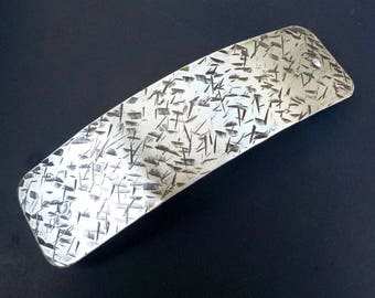 Antiqued Silver Hair Barrette. Simply Textured: large silver metal barrette with hammered lines texture and antiqued patina