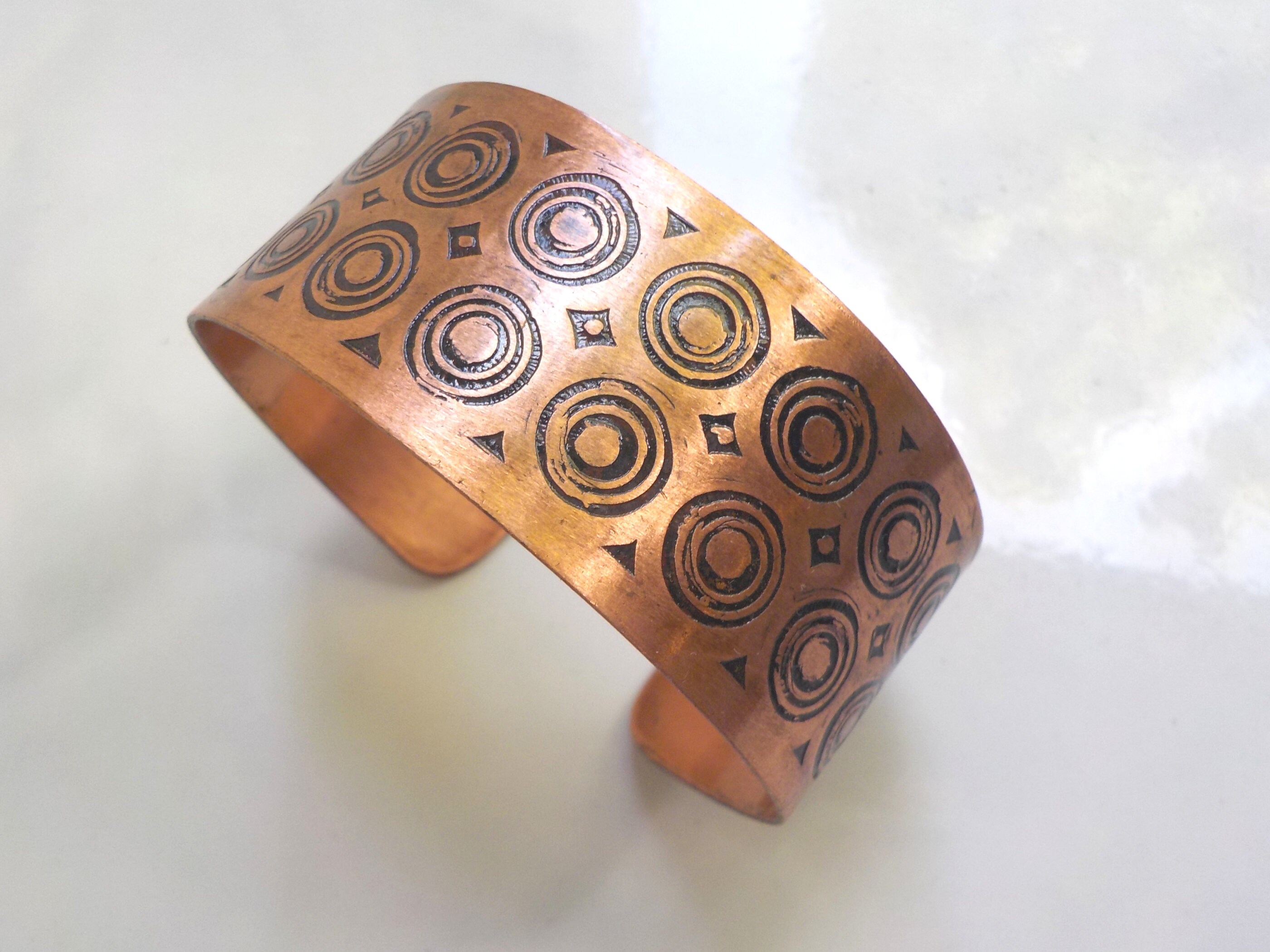 Copper Cuff Bracelet. Wide Hand Etched Artisan Metal Cuff
