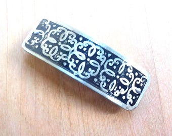 Hand Etched Hair Barrette, Nickel Silver, Flowery Antique Design