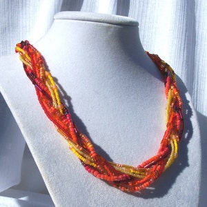 Autumn Helena - Multistrand braided seed bead rope necklace in yellow, orange and red