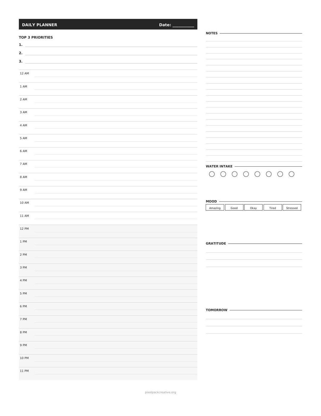 24 Hour Daily Planner Printable | Letter A4 A5 | Undated Daily Schedule ...