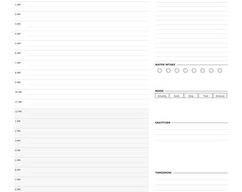 Afdrukbare 24-uurs dagelijkse planner | Brief A4 A5 | Niet-gedateerd dagschema | Pdf-download | Zwart-wit minimalistische planner