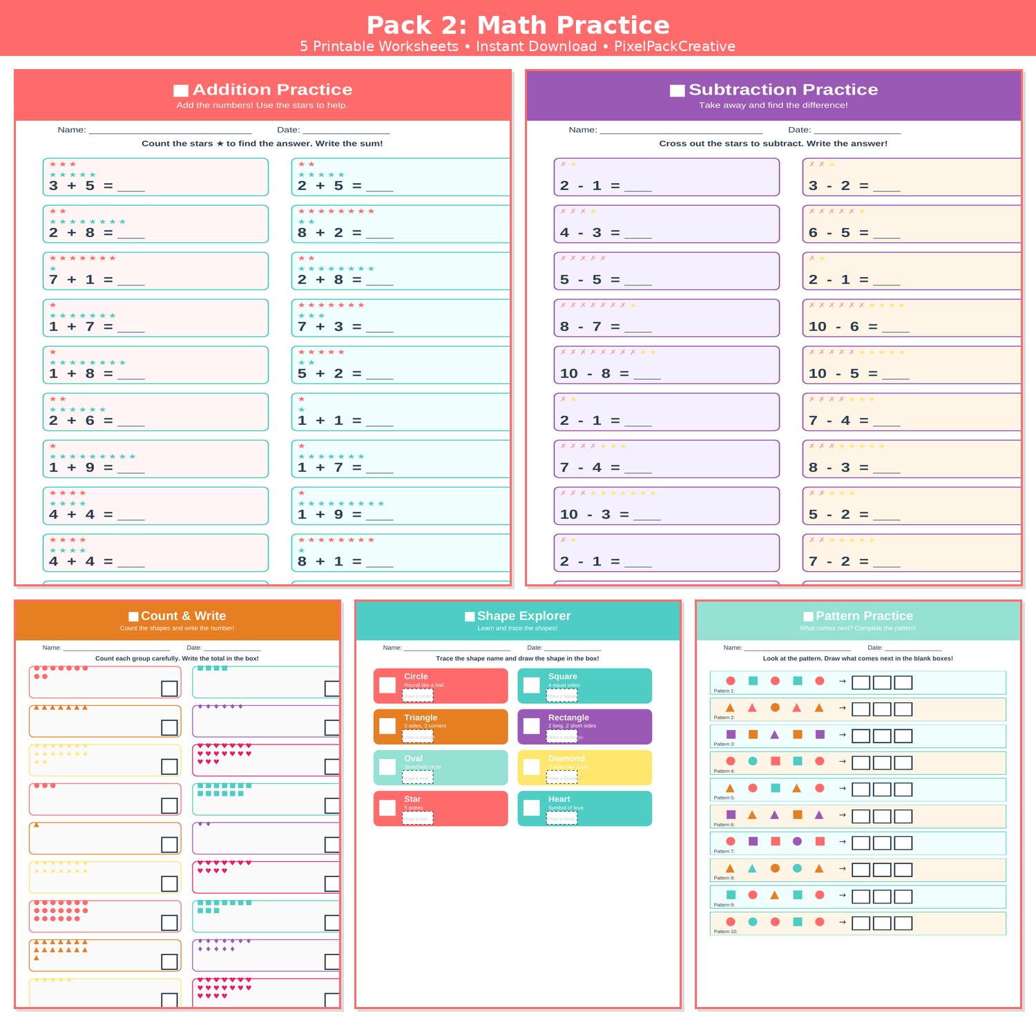 Kindergarten Math Worksheets Printable Addition Subtraction Counting ...