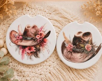 Boho Cowgirl Hat Car Coaster - Set of 2