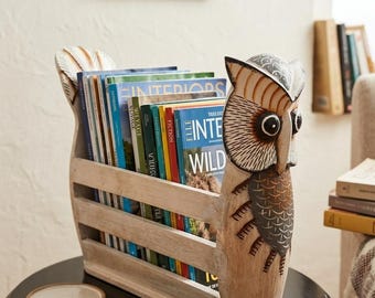 Handgemachter Eulen Zeitschriftenständer aus Holz - Dekorativer, handgeschnitzter Bücherständer - Rustikaler Zeitungsständer in Tiermotiven -