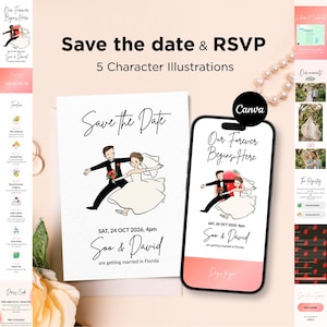 Puede incluir: Una plantilla de invitación de boda digital con una ilustración de dibujos animados de una pareja bailando. El texto dice Save the Date, Our Forever Begins Here, SAT, 24 OCT 2026, 4pm, Soo & David are getting married in Florida. Incluye un smartphone.