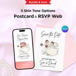 Pode incluir: Um design de convite de casamento com um smartphone e um postal. O smartphone exibe o texto "Our Forever Begins Here" e os nomes "Harper & Jade". O postal diz "Save the Date" com os nomes "Soo & David". Ambos os cartões têm ilustrações de um casal em trajes de casamento.