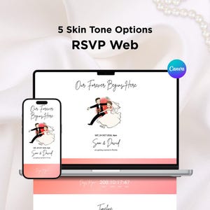 Op de afbeelding: Een digitaal huwelijksuitnodigingsontwerp weergegeven op een laptop en smartphone. Het ontwerp toont een cartoonillustratie van een bruid en bruidegom, met de tekst "Our Forever Begins Here" en de namen "Soo & David". De uitnodiging bevat ook de datum en tijd van de bruiloft.