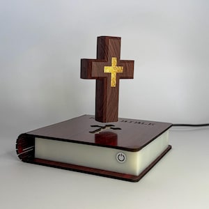 Levitating Wooden Cross – Bible-Shaped Stand, Christian Decor, Desk Ornament