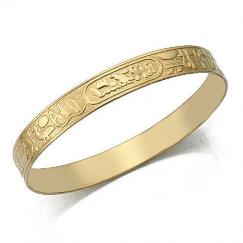 Almani 14K Solid Gold 10mm Flat Egyptian Pattern Womens Bangle Etsy