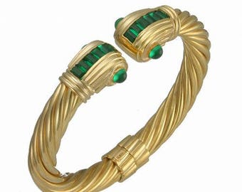 Almani 14K Yellow Gold Roman Vintage Design Handmade Bangle Set With Emerald Stones