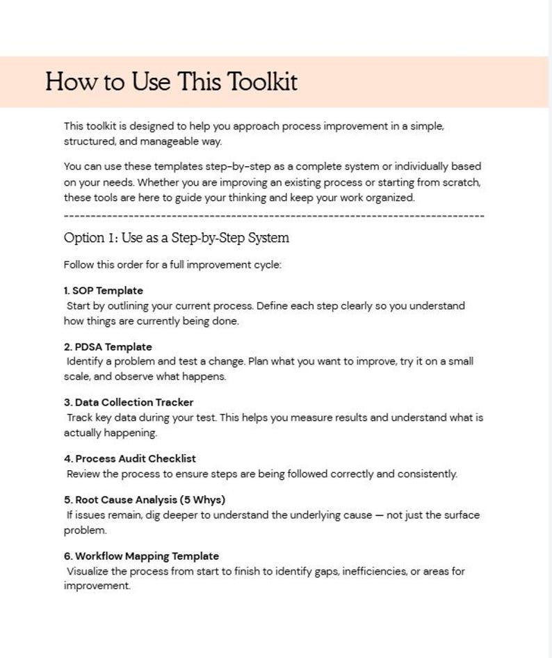 Toolkit PDF | SOP, PDSA, Audit & Workflow Templates | Process ...