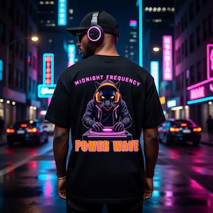Könnte beinhalten: Schwarzes T-Shirt mit einer Grafik einer Panther-DJ mit Kopfhörern und Kapuzenpullover. Die Texte "MIDNIGHT FREQUENCY" und "POWER WAVE" sind über und unter der Panther-Illustration abgebildet.