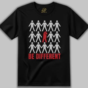 Könnte beinhalten: Ein schwarzes T-Shirt mit kurzen Ärmeln und einer Grafik aus fünfzehn Strichmännchen in einem Raster. Vierzehn weiße Figuren halten sich an den Händen, während eine rote Figur in der Mitte isoliert mit erhobenem Arm steht. Der Text BE DIFFERENT ist rot.