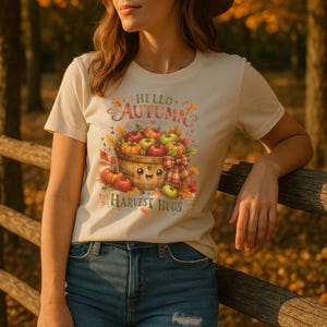 Könnte beinhalten: Ein cremefarbenes Kurzarm-T-Shirt mit einer Grafik eines Holzkörbchens voller Äpfel und Kürbisse. Der Text "HELLO AUTUMN" und "HARVEST HUGS" ist in einer dekorativen Schriftart gedruckt, umgeben von bunten Herbstblättern und einer karierten Schleife.